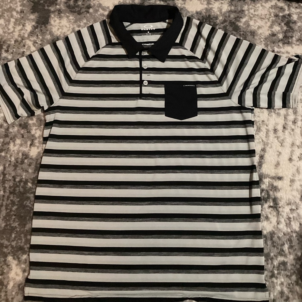 Oakley Men’s Hydrolix Polo Shirt black gray Striped Golf Short Sleeve Large
